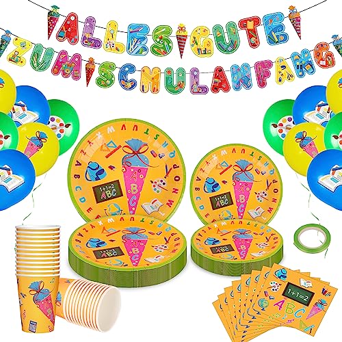 LULUETPUE Einschulung Deko, Schulanfang Partygeschirr Set, 77pcs Einschulung Geschirr Pappteller Servietten Tassen Alles Gute Zum Schulanfang Banner, Luftballons für Einschulungsdeko Junge Mädche von LULUETPUE