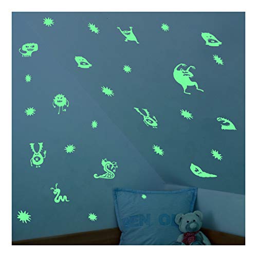 lumentics Monster Leuchtaufkleber - Super stark im Dunkeln nachleuchtende Aufkleber. Fluoreszierende Leucht-Sticker für Kinderzimmer. Lustige Fantasy-Sticker u. Kinder-Wandbilder. (DIN A4 Bogen, Grün) von LUMENTICS