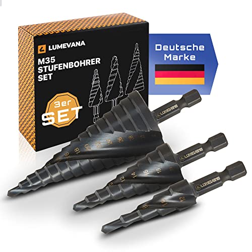 LUMEVANA® Stufenbohrer Set [3er] | Extrem scharfe Kegelbohrer für Blech, Leichtmetall, Kunststoff, Holz | Schälbohrer, Lochbohrer | Ø 4-12mm/4-20mm/4-32mm von LUMEVANA