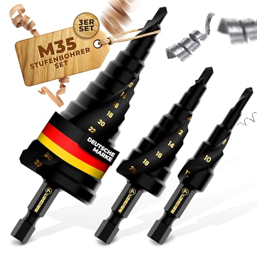 LUMEVANA® Stufenbohrer Set [3er] | Extrem scharfe Kegelbohrer für Blech, Leichtmetall, Kunststoff, Holz | Schälbohrer, Lochbohrer | Ø 4-12mm/4-20mm/4-32mm von LUMEVANA