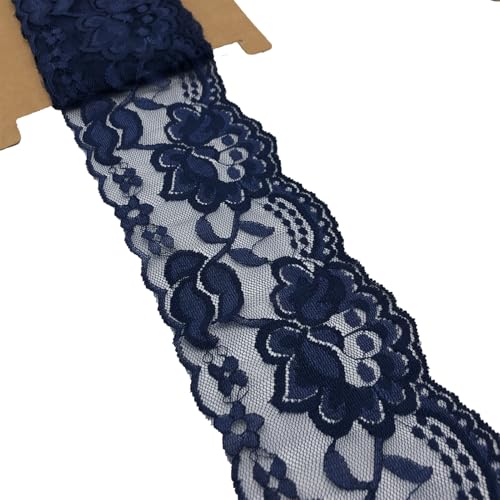 LUMKET 6108 breites Stretch-Spitzenband mit Blumenmuster, 4,5 m Spitzenbesatz, Stoff zum Nähen, Geschenkverpacken, Blumengestaltung und Basteln, 4,5 m (Marineblau) von LUMKET