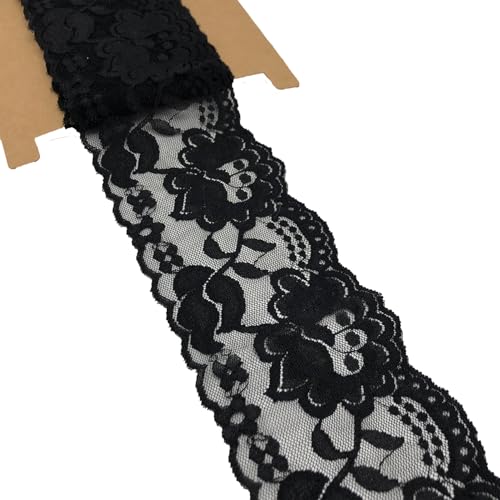 LUMKET 6108 breites Stretch-Spitzenband mit Blumenmuster, 4,5 m Spitzenbesatz, Stoff zum Nähen, Geschenkverpacken, Blumengestaltung und Basteln, 4,5 m (schwarz) von LUMKET