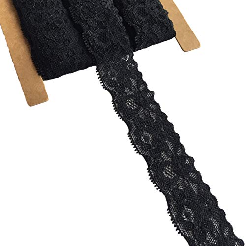 Lace Realm Spitzenband mit Blumenmuster, 3 cm breit, schwarz, Stretch, zum Nähen, Geschenkverpacken, Blumengestaltung und Basteln, 9,1 m (3608 Schwarz) von LUMKET