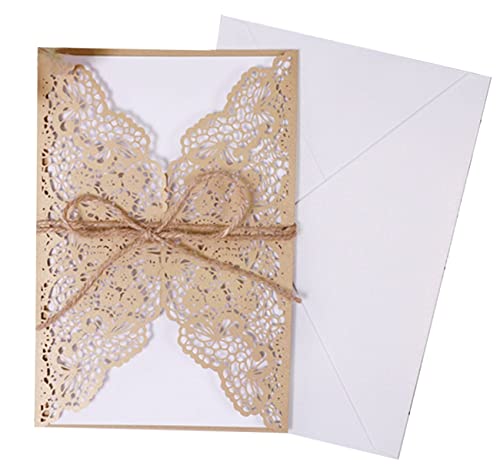 LUMoony 10Pcs Einladungskarte zur Hochzeit Laser Geschnitten mit Leeren Kraftpapier Innenbögen Umschlag Juteschnur Handgefertigte Vintage Karte Set Einladungskarten Für Hochzeit Einladung Karten von LUMoony