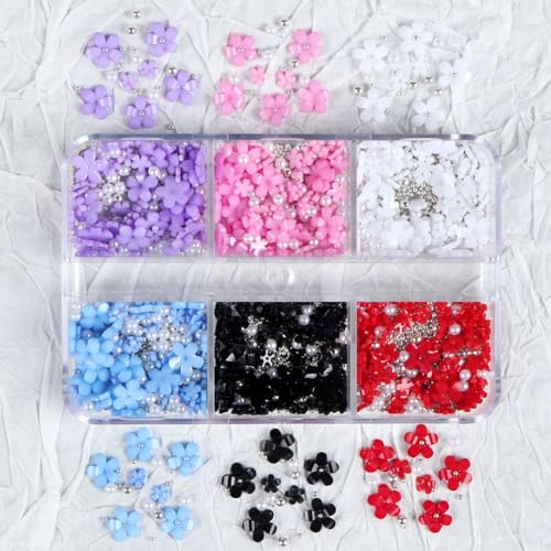 LUMoony 6 Grids 3D Blume Nail Art Charms 1Schachtel Blumen Perle Nail Art Charms Nail Art Charms Flower Nail Art Strasssteine Nägel Zubehör geeignet für Nägel Kunsthandwerk Mischfarbe Nail Charms von LUMoony