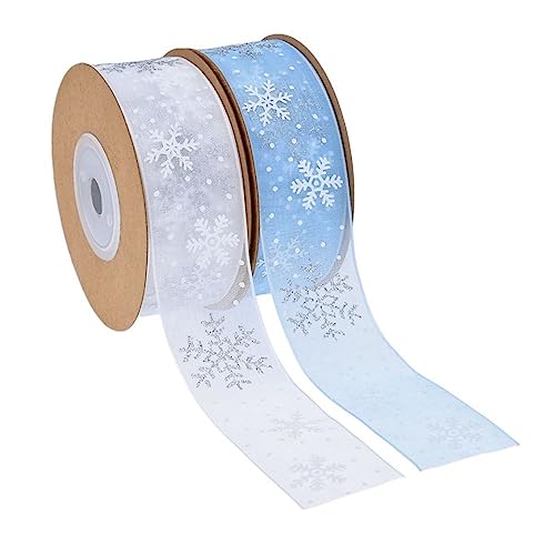 LUMoony Organzaband 2 Rollen 2.5cm Breite Organza Band Schneeflocke Satinband Schleifenband Geschenkbänder mit Schneeflocke für Weihnachten Dekoration, Geschenk Verpackung, Party Dekoration von LUMoony