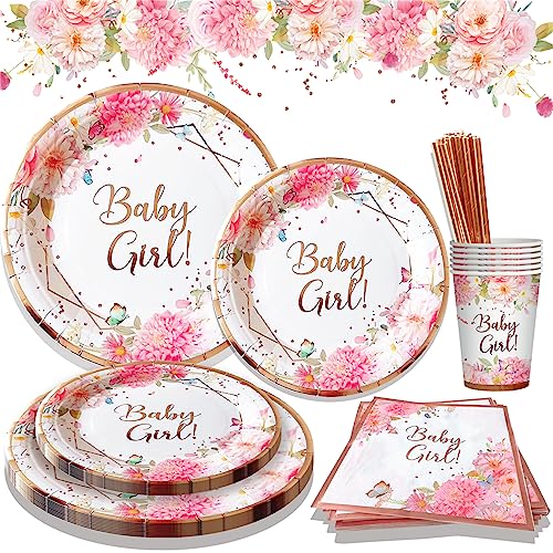 LUOBITO Babyparty Deko Mädchen, Baby Shower Deko Partygeschirr Set 24 Gäste, 120 Stück Rosa Gold Babyparty Pappteller Becher Servietten Strohhalme Pappgeschirr Sets von LUOBITO