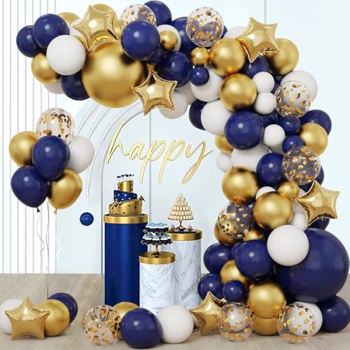 Luftballon Girlande Blau, 128 Stück Ballon Girlande Blau Gold weiß mit Metallic Konfetti Ballons, 18 12 10 5 Zoll Latex Marineblau Ballons für Geburtstag Graduation Jubiläum Neujahr Party Dekoration von LUOBITO