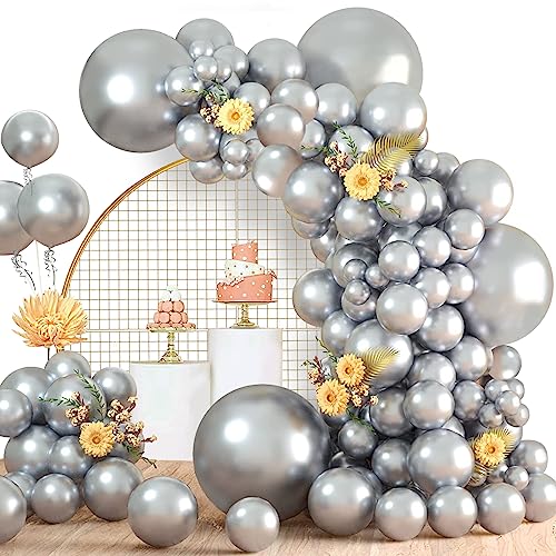 Luftballons Silber, 120 Stück Luftballon Girlande Silber Metallic, 18 12 10 5 Zoll Ballon Girlande Silber, Luftballons Geburtstag Hochzeit Babyparty Jahrestag Party Deko von LUOBITO