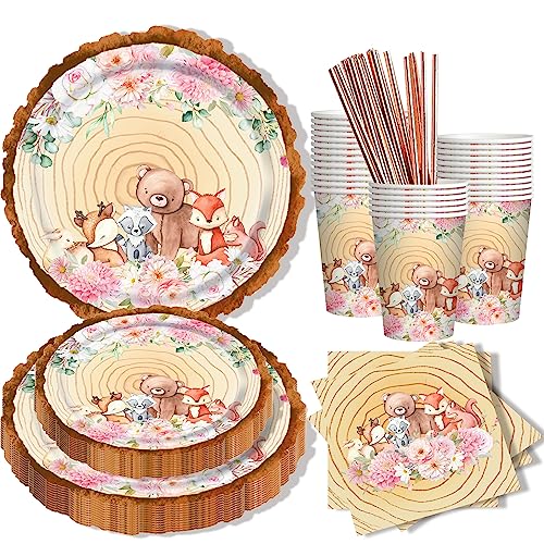 Waldtiere Babyparty Deko Partygeschirr Set 24 Gäste, 120 Stück Rose Gold Pappteller Becher Servietten Strohhalme Pappgeschirr Sets, Dschungel Safari Baby Shower Kindergeburtstag Party Deko Mädchen von LUOBITO