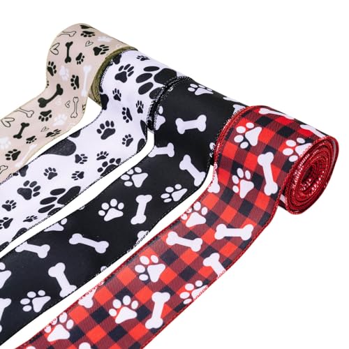 LUOFENG 4 Rollen Hundepfotenband, 6 cm breit, Polyesterband für Geschenkverpackungen, Partydekorationen, Haarschleifen, Basteln, Schleifenherstellung von LUOFENG