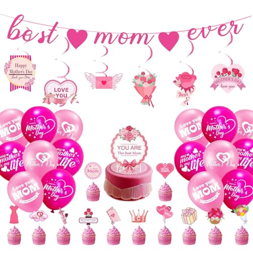 LUOFENG Party-Dekorationen zum Muttertag, Girlanden und Banner zum Thema „Alles Gute zum Muttertag“, Wirbel zum Aufhängen, Ballon-Kuchendekorationen von LUOFENG