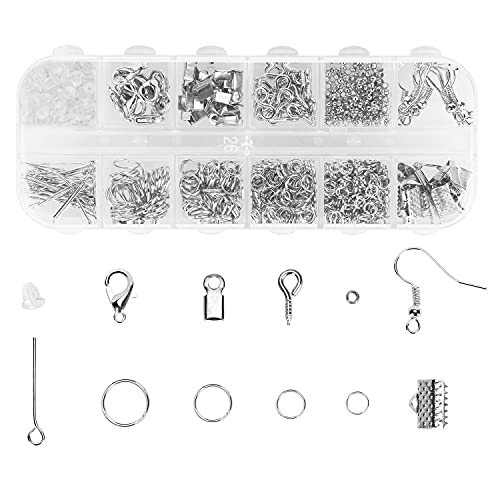 Schmuckherstellung Set, 800 Stk Schmuck Basteln zubehör Starter Kit mit Sprung Ringe und Karabinerverschluss Ohrringhaken usw, für DIY Bastelbedarf und Reparatur Halskette, Armband, Ohrringe (Silber) von unifun