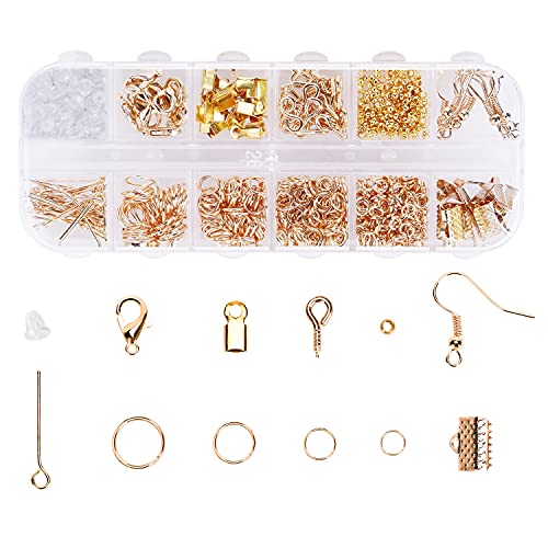 Schmuckherstellung Set, 800 Stücke Schmuck Basteln zubehör Starter Kit mit Sprung Ringe und Karabinerverschluss Ohrringhaken usw, für DIY Bastelbedarf und Reparatur Halskette, Armband, Ohrringe (Gold) von unifun