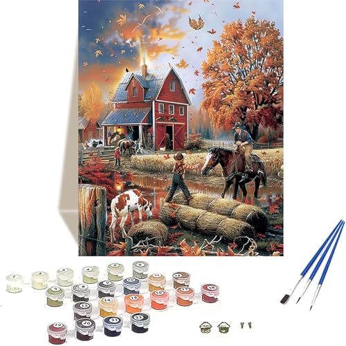 Bauernhof Malen Nach Zahlen Erwachsene, Herbst Malen Nach Zahlen kinder Leinwand mit Pinseln und Acrylfarbe, DIY Paint by Numbers Adult und Anfänger, für Home Decor, Geschenk - 20 x 30 cm 3-2 von LUOLYYEI