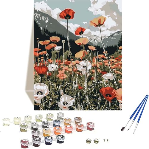 Blume Malen Nach Zahlen Erwachsene, Mohn Malen Nach Zahlen kinder Leinwand mit Pinseln und Acrylfarbe, DIY Paint by Numbers Adult und Anfänger, für Home Decor, Geschenk - Ohne Rahmen 20x30 cm V-Z von LUOLYYEI