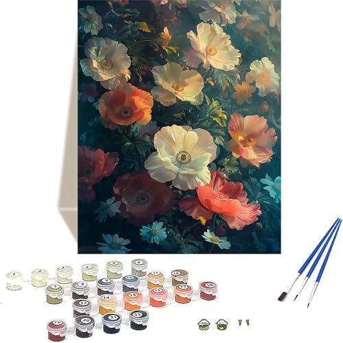 Blume Malen Nach Zahlen Erwachsene, Mohn Malen Nach Zahlen kinder Leinwand mit Pinseln und Acrylfarbe, DIY Paint by Numbers Adult und Anfänger, für Home Decor, Geschenk - Ohne Rahmen 40x50 cm 0-9 von LUOLYYEI