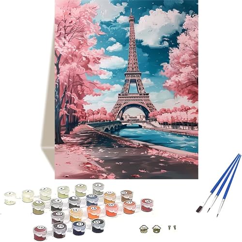 Eiffelturm Malen Nach Zahlen Erwachsene, Kirschblüten Malen Nach Zahlen kinder Leinwand mit Pinseln und Acrylfarbe, DIY Paint by Numbers Adult und Anfänger, für Home Decor, Geschenk - 100x135CM B-0 von LUOLYYEI