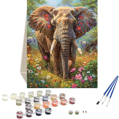 Elefant Malen Nach Zahlen Erwachsene, Blume Malen Nach Zahlen kinder Leinwand mit Pinseln und Acrylfarbe, DIY Paint by Numbers Adult und Anfänger, für Home Decor, Geschenk - Ohne Rahmen 40x50 cm L-2 von LUOLYYEI