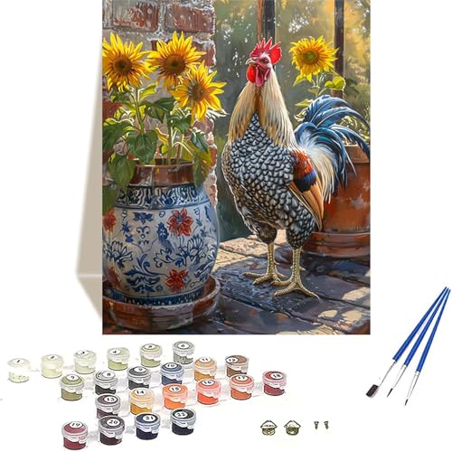 Huhn Malen Nach Zahlen Erwachsene, Sonnenblume Malen Nach Zahlen kinder Leinwand mit Pinseln und Acrylfarbe, DIY Paint by Numbers Adult und Anfänger, für Home Decor, Geschenk - 20 x 30 cm V-J von LUOLYYEI