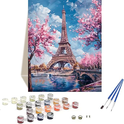 Kirschblüten Malen Nach Zahlen Erwachsene, Eiffelturm Malen Nach Zahlen kinder Leinwand mit Pinseln und Acrylfarbe, DIY Paint by Numbers Adult und Anfänger, für Home Decor, Geschenk - 20 x 30 cm 5-6 von LUOLYYEI