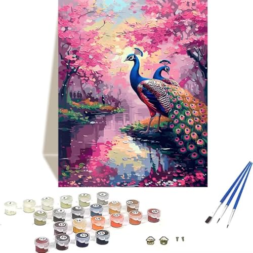 LUOLYYEI DIY KirschblüTen Malen nach Zahlen Erwachsene Anfänger mit Pinseln und Acrylpigmenten Erwachsene Malen nach Zahlen Kits auf Leinwand Ölmalerei (100x135cm) Malen Nach Zahlen Kinder Pfau Y-H von LUOLYYEI