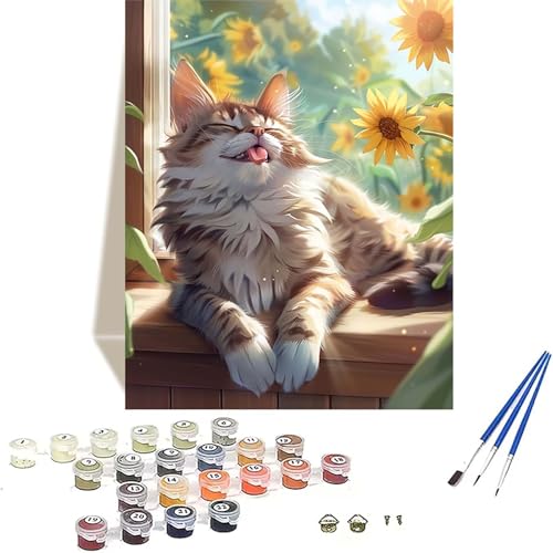 LUOLYYEI Katze Malen Nach Zahlen Erwachsene, Sonnenblume Malen Nach Zahlen kinder Leinwand mit Pinseln und Acrylfarbe, DIY Paint by Numbers Adult und Anfänger, für Home Decor, Geschenk - 30x40CM X-F von LUOLYYEI