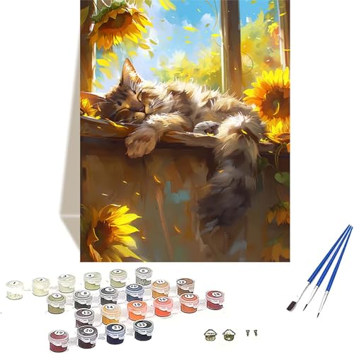 LUOLYYEI Katze Malen Nach Zahlen Erwachsene, Sonnenblume Malen Nach Zahlen kinder Leinwand mit Pinseln und Acrylfarbe, DIY Paint by Numbers Adult und Anfänger, für Home Decor, Geschenk - 40x50 cm 3-4 von LUOLYYEI