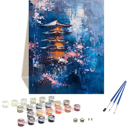 LUOLYYEI Kirschblüten Malen Nach Zahlen Erwachsene, Japan Malen Nach Zahlen kinder Leinwand mit Pinseln und Acrylfarbe, DIY Paint by Numbers Adult und Anfänger, für Home Decor, Geschenk - 30x40CM 3-T von LUOLYYEI