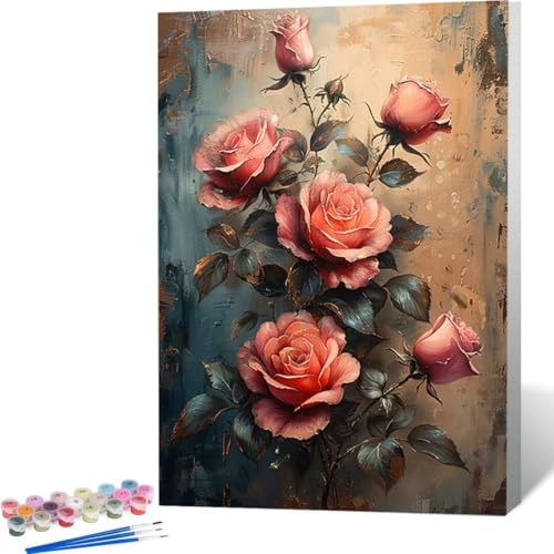 LUOLYYEI Malen Nach Zahlen Blume Rose Paint by Numbers Adult Erwachsene Malen Nach Zahlen Kits auf Leinwand Öl Hand Malerei mit Pinseln Malerei Kits Erwachsene Kunsthandwerk für Zuhause 50 x 65cm W-P von LUOLYYEI