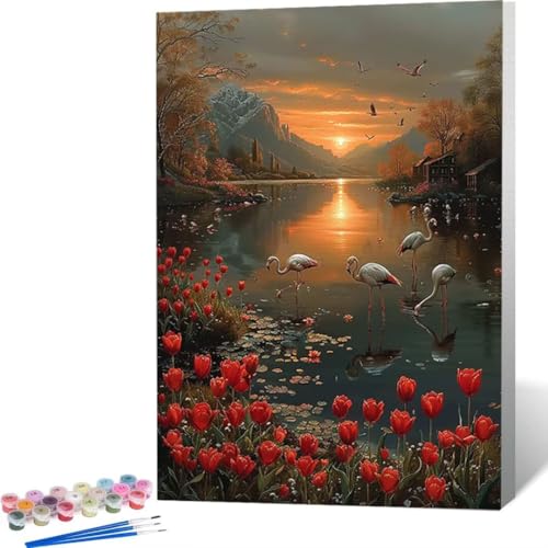 LUOLYYEI Malen Nach Zahlen Erwachsene, DIY Handgemalt Ölgemälde Kit für Anfänger und Erwachsene Mit Pinseln und Acrylfarbe, Painting by Numbers Ohne Rahmen 40 x 50 cm Sonnenuntergang Flamingo 8-6 von LUOLYYEI