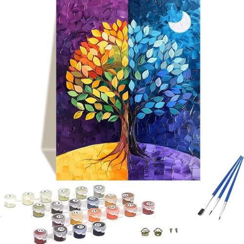 LUOLYYEI Malen Nach Zahlen Erwachsene, Paint by Numbers Baum, Malen Nach Zahlen Kinder DIY Mond mit Pinseln und Acrylfarben Handgemalt Ölgemälde Leinwand für Home Decor, Ohne Rahmen 40x50cm 3-L von LUOLYYEI