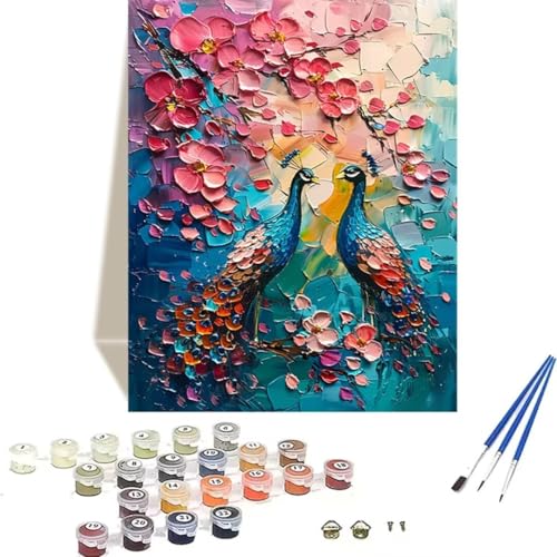 LUOLYYEI Malen Nach Zahlen Erwachsene, Paint by Numbers Blume, Malen Nach Zahlen Kinder DIY Pfau mit Pinseln und Acrylfarben Handgemalt Ölgemälde Leinwand für Home Decor, Ohne Rahmen 40x50cm 8-Y von LUOLYYEI