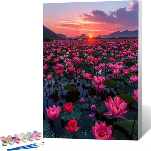 LUOLYYEI Malen Nach Zahlen Erwachsene, Paint by Numbers Malen Nach Zahlen, Malen Nach Zahlen DIY Sonnenuntergang Lotus mit Pinseln und Ölgemälde Leinwand für Home Decor, Ohne Rahmen 60 x 80 cm 8-T von LUOLYYEI