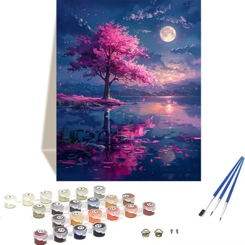 LUOLYYEI Malen Nach Zahlen Erwachsene Mond - Malen Nach Zahlen Kinder KirschblüTen - DIY Handgemalt Ölgemälde Kit Mit Knitterfreie Leinwand, Pinsels und Acrylfarbe - Als Geschenk 70x95cm 6-6 von LUOLYYEI