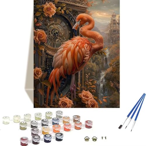 LUOLYYEI Malen nach Zahlen Komplett Set, Malen Nach Zahlen Kinder Acrylfarben, Pinseln, Zubehör, Geschenkbox - Blume DIY Gemälde Bastelset Kit mit Leinwand für Erwachsene, 70 x 95 cm, Flamingo 2-I von LUOLYYEI