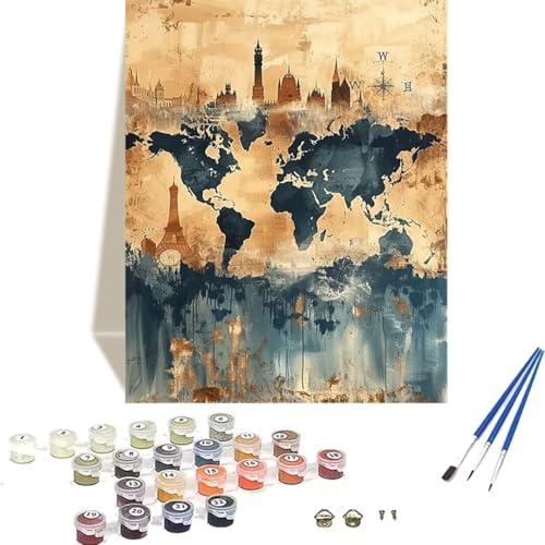 LUOLYYEI Malen nach Zahlen für Erwachsene: Beginner to Advanced Number Painting Kit Malen Nach Zahlen Kinder – Karte DIY Kunst and Crafts – Kits enthalten Acrylfarbe – Weltkarte 40 x 50 cm K-H von LUOLYYEI