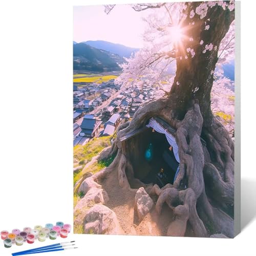 Malen Nach Zahlen Erwachsene Japan Kirschblüten, DIY Ölmalerei Bastelset für Anfänger und Kinder, inklusive Knitterfreie Leinwand, Acryl Farben Und Pinsel, Geeignet Home Haus Deko- 30 x 40 cm 5-8 von LUOLYYEI