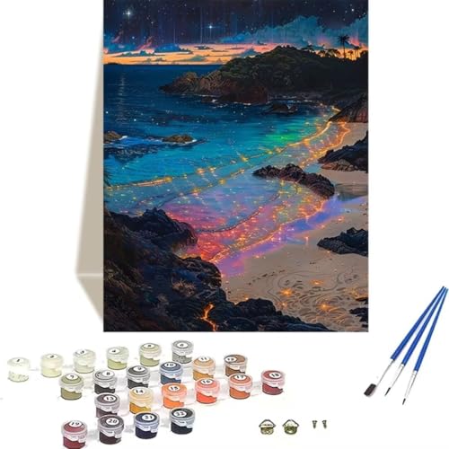 Malen Nach Zahlen Erwachsene Meer, Malen Nach Zahlen Kinder Paint by Numbers, DIY Sternenhimmel mit Pinseln und Acrylfarben Handgemalt Ölgemälde Leinwand für Home Decor, Ohne Rahmen (70x95cm) 9-M von LUOLYYEI