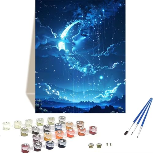 Malen Nach Zahlen Erwachsene Mond, Sternenhimmel Malen Nach Zahlen Kinder DIY Leinen Leinwand Ölgemälde Kits, Home Haus Decor Geschenk mit Pinsel und Acrylpigment, (40x50cm) (Ohne Rahmen) 7-A von LUOLYYEI