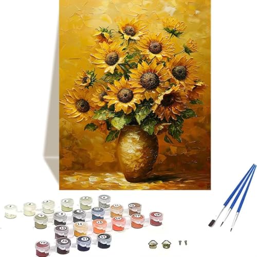 Malen Nach Zahlen Erwachsene Sonnenblume, Malen Nach Zahlen Kinder Paint by Numbers, DIY Blume mit Pinseln und Acrylfarben Handgemalt Ölgemälde Leinwand für Home Decor, Ohne Rahmen (70x95cm) 4-0 von LUOLYYEI