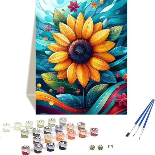 Malen Nach Zahlen Erwachsene Sonnenblume, Paint by Numbers, Malen Nach Zahlen Kinder DIY Blume mit Pinseln und Acrylfarben Handgemalt Ölgemälde Leinwand für Home Decor, Ohne Rahmen 60x80cm 8-K von LUOLYYEI