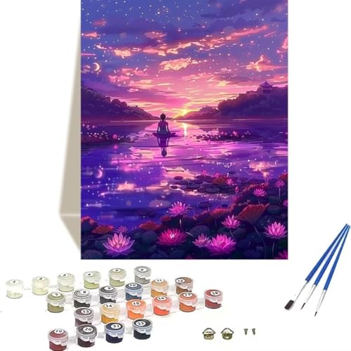 Malen Nach Zahlen Erwachsene Sternenhimmel, Lotus Malen Nach Zahlen Kinder DIY Leinen Leinwand Ölgemälde Kits, Home Haus Decor Geschenk mit Pinsel und Acrylpigment, (40x50cm) (Ohne Rahmen) G-4 von LUOLYYEI