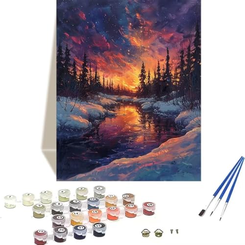 Malen Nach Zahlen Erwachsene Winter, Malen Nach Zahlen Kinder Paint by Numbers, DIY Sonnenuntergang mit Pinseln und Acrylfarben Handgemalt Ölgemälde Leinwand für Home Décor, Ohne Rahmen 100x135cm 3-H von LUOLYYEI