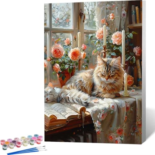 Malen Nach Zahlen Kits für Erwachsene - Katze Blume Malen Nach Zahlen Erwachsene, Paint by Numbers Aufstellen Malen Nach Zahlen auf Leinwand für Geschenke nach Hause Wanddekoration (50x65cm) 5-7 von LUOLYYEI