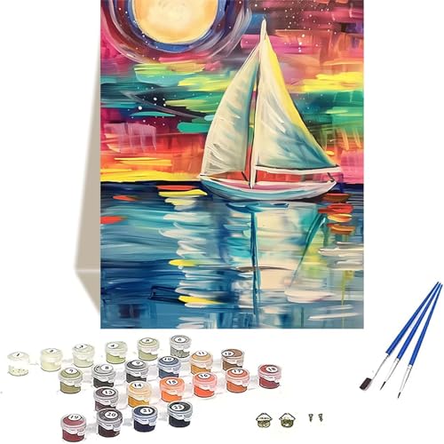 Malen Nach Zahlen Mond, Segelboot Malen Nach Zahlen Erwachsene, DIY Paint by Numbers Handgemalt Ölgemälde mit Pinseln und Acrylpigment für Wand Zimmer Deko Asthetik, Geschenke für Frauen 70x95CM 2-J von LUOLYYEI