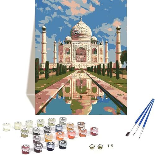 Malen Nach Zahlen Taj Mahal, Landschaft Malen Nach Zahlen Erwachsene, DIY Paint by Numbers Handgemalt Ölgemälde mit Pinseln und Acrylpigment für Wand Zimmer Deko, Geschenke für Frauen 20 x 30 cm 6-5 von LUOLYYEI