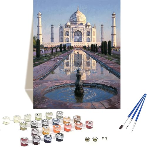 Malen Nach Zahlen Taj Mahal, Landschaft Malen Nach Zahlen Erwachsene, DIY Paint by Numbers Handgemalt Ölgemälde mit Pinseln und Acrylpigment für Wand Zimmer Deko, Geschenke für Frauen 50 x 65 cm V-1 von LUOLYYEI