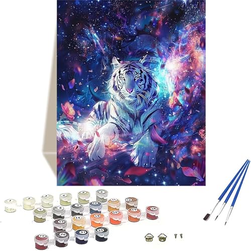 Malen Nach Zahlen Tiger, Sternenhimmel Malen Nach Zahlen Erwachsene, DIY Paint by Numbers Handgemalt Ölgemälde mit Pinseln und Acrylpigment für Wand Zimmer Deko, Geschenke für Frauen 20 x 30 cm 7-6 von LUOLYYEI