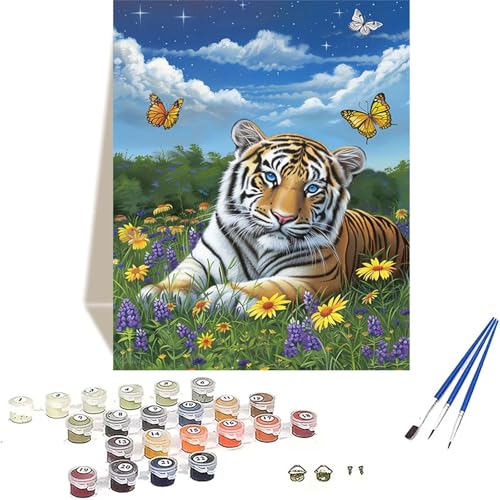 Malen Nach Zahlen Wiese, Tiger Malen Nach Zahlen Erwachsene, DIY Paint by Numbers Handgemalt Ölgemälde mit Pinseln und Acrylpigment für Wand Zimmer Deko Asthetik, Geschenke für Frauen 100 x 135 cm 8-5 von LUOLYYEI